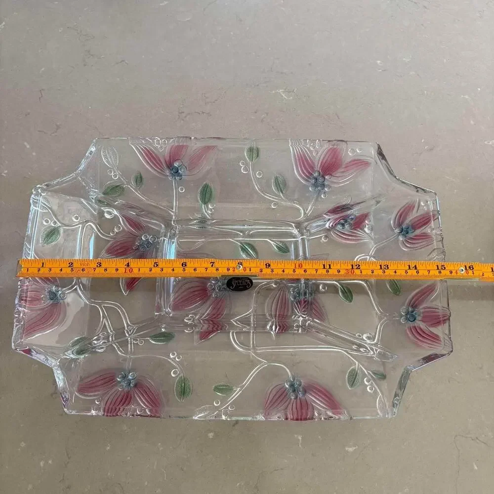 Vintage Crystal Clear Studios Japan Floral Divided Relish Tray Pink Flowers